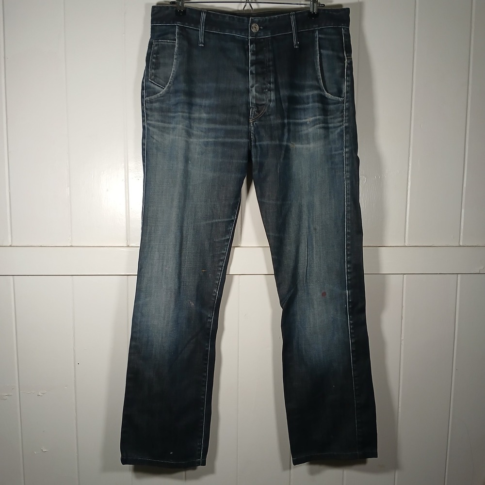 G-Star Raw Jeans Mens 34x30 Blue Dark Wash Straight Leg Faded Whiskered GL4